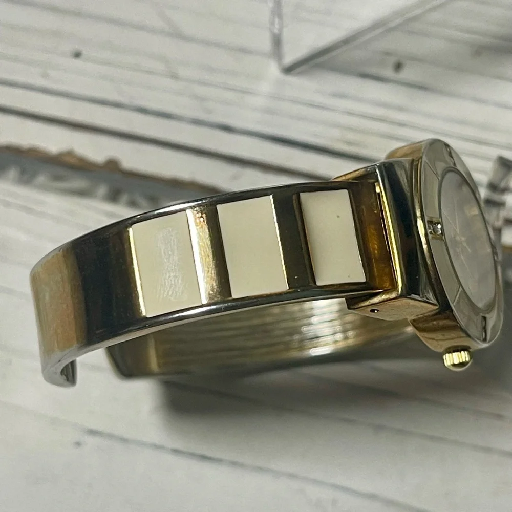 NEW BATTERY Vintage 90s Bangle Watch Bay Studio Cream Gold Ivory Mother Of Pearl